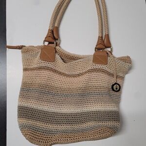 The Sak Crochet Tote Bag Beige Cream Striped Shoulder Bag Boho Medium Zip Top